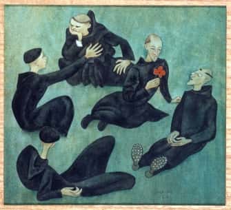 Cinq moines en promenade assis par terre